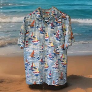 VTG Island Republic Shirt Men's Large Hawaiian Tropical Beach Short Sleeve Sail